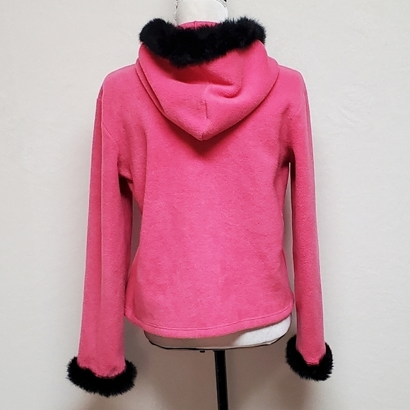 VINTAGE OOAK Upcycled Hot Pink Fleece Black Rabbit Fur Trim Full-zip Cardigan - Picture 11 of 16